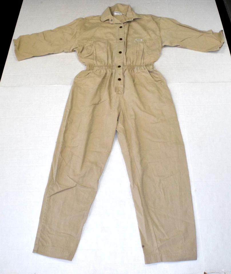 Vintage Jumpsuit Ideas Size L 80s Sandy Beige Cotton Snaps One Piece Coveralls - Image 1 of 4