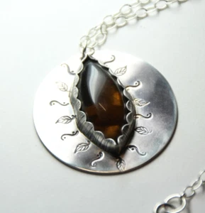 Smoky Quartz Brown Cabochon Gemstone Sterling Silver .925 Pendant 18" Necklace - Picture 1 of 6