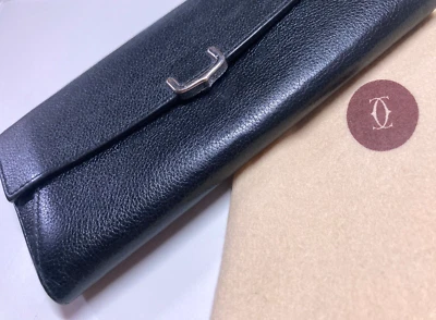 CARTIER VINTAGE C de Cartier METAL HEBILLA C CUERO CARTERA LARGA MONEDERO NEGRO Foto 1 de 4