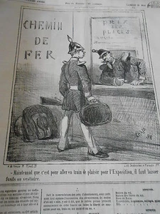 Litho Caricature 1867 Chemin de fer départ pour l'exposition fusil vestiaire - Imagen 1 de 1