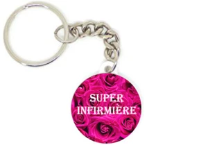 Porte clé badge super infirmière fleur rose idée cadeau personnalisé - Picture 1 of 1