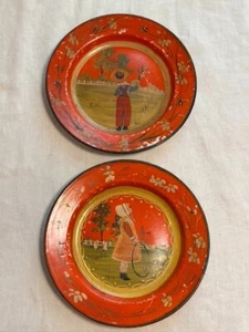 Tin Enamelware Wall Plates set Hand Painted, Artist signed,ANTIQUE 19th Century - Picture 1 of 9