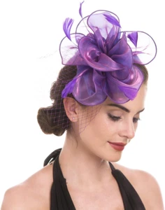 SAFERIN Women'S Fascinators Feathers Tea Party Hat Veil Headband with Hair Clip - Picture 1 of 12