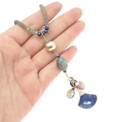 Collar de cuentas de lapislázuli real enchapado en oro de plata de ley 925 y fregona 18" Foto 1 de 4