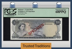 TT PK 38as 1974 BAHAMAS $10 ELIZABETH II SPECIMEN PCGS 68 PQ STILL ONLY TOP POP - Picture 1 of 2