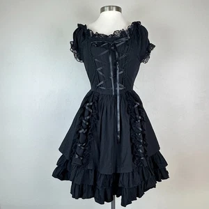 Dress Women S Black Goth Lolita Dark Coquette Emo Bow Lace Ruffle Layered - Picture 1 of 6