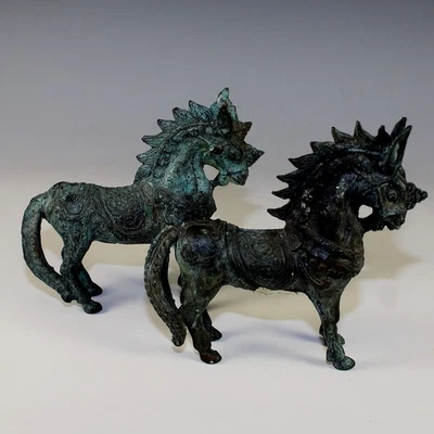 Pair of Vintage Tang Dynasty Bronze War Horse Sculpture Figurine - Image 1 of 4