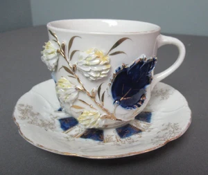 Antique Ornate Raised Floral Mustache Cup w/ Saucer - Cobalt Blue - k5 sb - Picture 1 of 14
