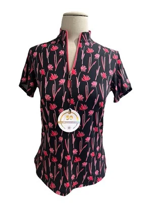 Camisa feminina de golfe/tênis tamanho XS TAIL preta/rosa floral SS top etiqueta branca nova com etiquetas - Imagem 1 de 4