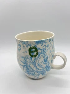 Anthropologie Homegrown Monogram Mug Initial ' e ' Aqua White Floral Rose Bird - Picture 1 of 11