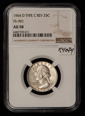 1964-D 25c Washington Quarter - FS-901 Type-C Rev of 65 - NGC AU 58 - X4074 - Image 1 of 4