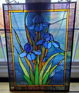 25-inch Antique Vintage Style Iris Stained Glass Window Hanging Suncatcher Panel - Picture 1 of 8