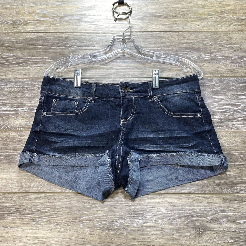 Bongo 短裤 9 码青少年蓝色牛仔袖口中腰口袋女式 — 第 1/4 张图片