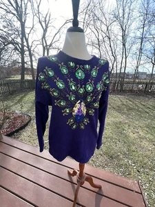 Vintage Victoria Harbour Purple Sweater W/ Beaded & Sequined Peacock Design Size - Picture 1 of 10