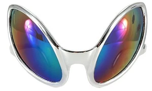 Close Encounter Alien Costume Glasses Sunglasses Silver UFO Mirrored Rainbow Bug - Picture 1 of 3