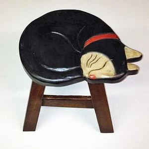 SLEEPING BLACK CAT WOOD FOOTSTOOL - Picture 1 of 1