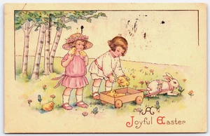 Postcard Joyful Easter Kids Chicks Wagon Rabbit M E Price 750 A Stecher? - Picture 1 of 2