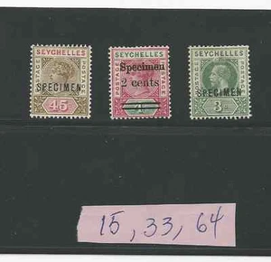 ESPECÍMENES SEYCHELLES 1893 A 1912 SCOTT #'s 15, 33, 64 MLH ENVÍO MUNDIAL GRATUITO - Imagen 1 de 2