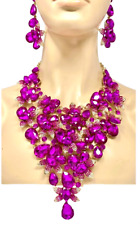 Luxurious Bib Statement Party Necklace Earring Set Fuchsia Pink Fuchsia Crystals