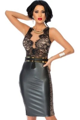 RARE Sexy Women's PU Leather Mini Dress Wet Look Lace Club Wear Skirt US Medium - Image 1 of 4