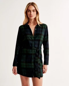 Abercrombie & Fitch Plaid Button Down Shirt Dress Tie Waist Size Small Flannel - Picture 1 of 8