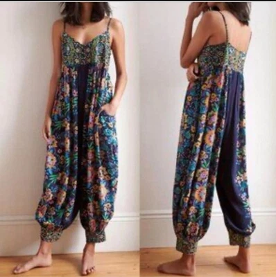 Macacão By Anthropologie Vega S Lounge Rio perna harém boho azul marinho bolsos florais - Imagem 1 de 4