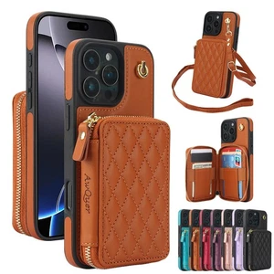 Custodia portafoglio pelle PU tracolla per iPhone 16 15 14 13 12 11 Pro Max X - Foto 1 di 68