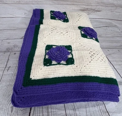 Vintage Handmade Afghan Crochet Purple, Green, and White 3D flowers 44" x 62" - Image 1 of 4