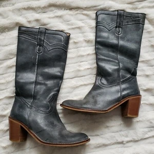 D Co Copenhagen US 6 grau distressed schwarz Leder Stiefel gestapelter Absatz zum Überziehen - Bild 1 von 11