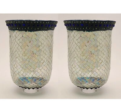 Glass Hurricane Shades Mosaic Blue Bead Border on Top & Under 6"D 10"Tall Set/2 - Image 1 of 4