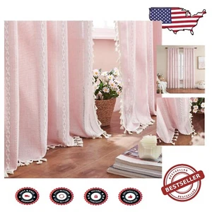 Elegant Pink Linen Blend Drapes with Tassels for Girls' Rooms - 2 Panel Set - Picture 1 of 11