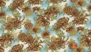 CLEARANCE - CHOCOLATE MUMS ON BLUE QUILT FABRIC - KAUFMAN - Picture 1 of 1