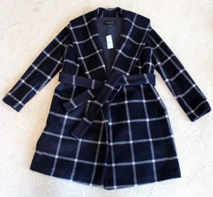 Ann Taylor Women's Plaid Wool Belt Coat Navy Medium Pettie - Picture 1 of 9
