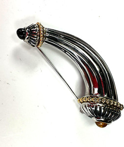 Vintage Brooch TJ USA Ribbed Silvertone Horn Cabochon Glass Heavy 90s Jewelry