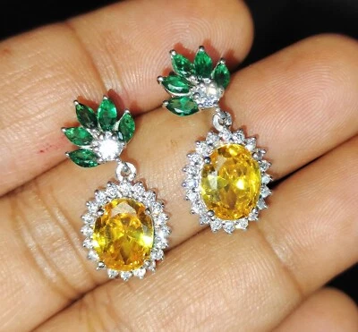 4Ct Oval Cut Lab Created Yellow Citrine Dangle Earrings 14K White Gold Plated - Image 1 of 4