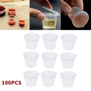100Pcs/Set Small Plastic Sauce Cups Food Storage Containers Clear Boxes + Lids - Picture 1 of 8