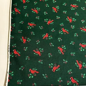 Vintage Cranston Print Works Red Cardinals on Green Cotton Fabric Quilt Fabric - Picture 1 of 3