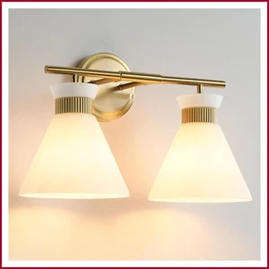 Bathroom Vanity Light Fixture 2-Light Mid Century Modern Brushed Gold & Glass - Picture 1 of 8