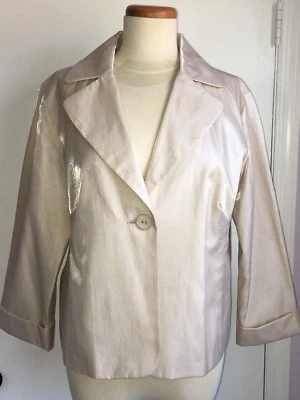 CHAQUETA CHICO'S ORO BRILLANTE BEIGE TOSTADO MANGA 3/4 Botón Talla L/12 VESTIDO BONITO Foto 1 de 4