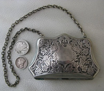 Antique Art Nouveau Silver Metal Floral Grape Vine Lining Card Case Purse - Image 1 of 4