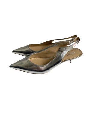 Michael Kors Ciara Flex Plateado Cuero Gatito Tacón Gore Slingback Pump Talla 7.5M Foto 1 de 4