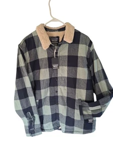 Chaqueta frontal con botones pardos para hombre grande verde mezcla de algodón a cuadros forrada de vellón nueva - Imagen 1 de 5