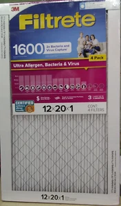 4pk Filtrete 1600 MPR Ultra Allergen Bacteria & Virus Furnace/AC Filter 12x20x1 - Picture 1 of 3