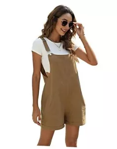 Women's Linen Short Overalls Casual Summer Shorts Jumpsuit Rompers Large Khaki - Picture 1 of 7