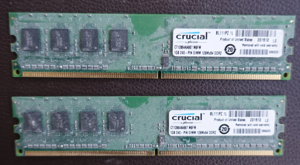 2GB (2 x 1GB) Crucial PC2-5300 DDR2-667 SDRAM DIMM RAM Memory - Image 1 of 2