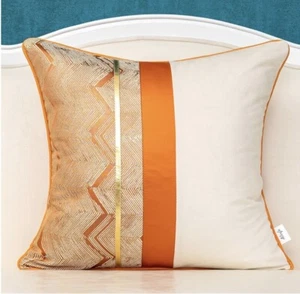 Alerfa 18 x 18 Inch Orange White Geometric Striped Gold  Patchwork - Picture 1 of 5
