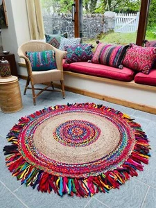 Round Rug Carpet Jute Cotton Natural Braided Handmade Area Rug Modern Look - Picture 1 of 8