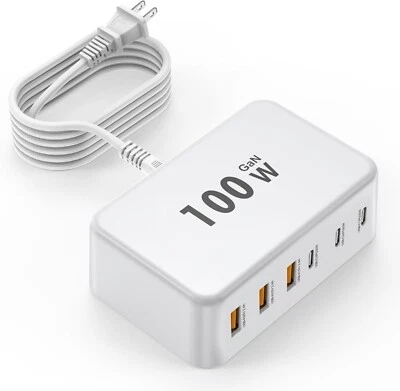 Cargador rápido USB C, 100 W GaN 6 puertos tipo USB C estación de carga concentrador bloque USB C W Foto 1 de 4