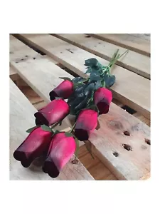 6 rose in legno con foglie -rosso scuro con punta nera -bocciolo più grande - stelo lungo 44 cm - Foto 1 di 9