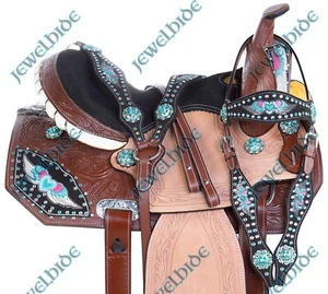 Sillín de cuero Wings Barrel Western Show azul y rosa corazón cristal 10"-18" F/s - Imagen 1 de 7